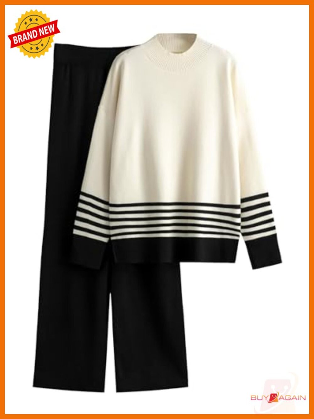 Womens Striped 2 Piece Sweater Lounge Set Turtleneck Wide Leg Pants
